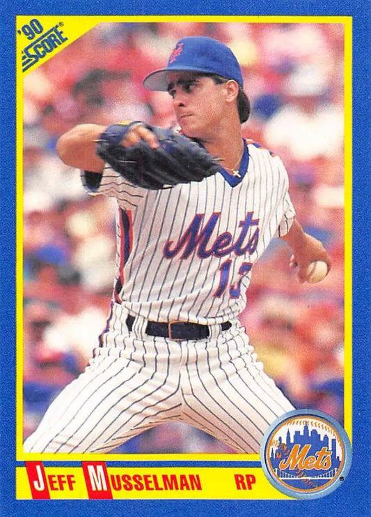 Baseball card of Jeff Musselman, Mets pitcher in pinstriped uniform mid-delivery