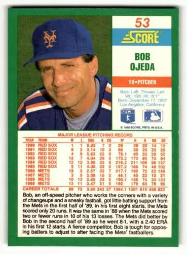 1990 Score Bob Ojeda baseball card featuring original gloss for New York Mets baseball