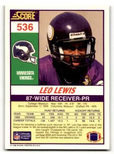 1990 Score Leo Lewis Minnesota Vikings Football Card with original gloss condition