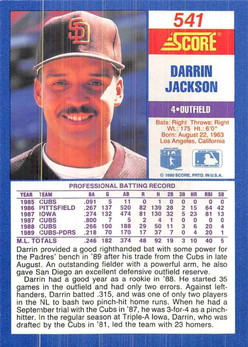 1990 Score #541 Darrin Jackson Baseball Card of San Diego Padres Outfielder