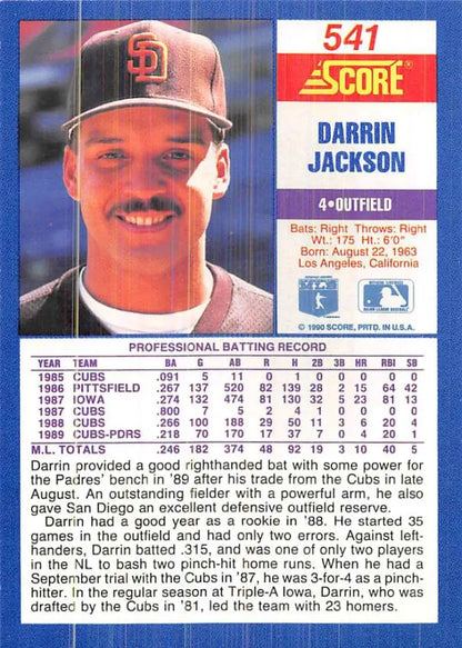 1990 Score #541 Darrin Jackson Baseball Card of San Diego Padres Outfielder