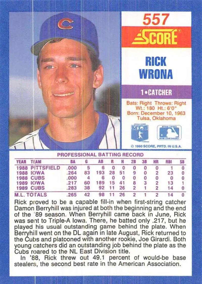 1990 Score Rick Wrona NM-MT Chicago Cubs Baseball Card featuring a catcher