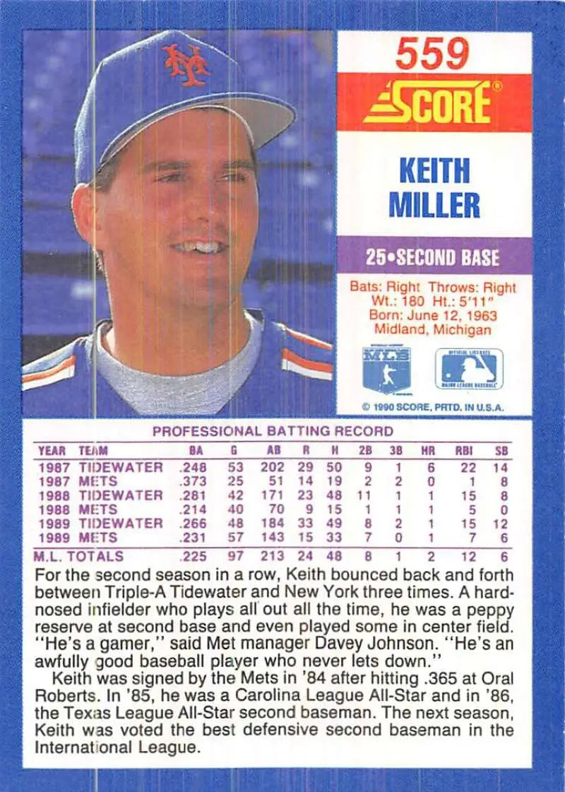 1991 Score baseball card of Keith Miller, New York Mets second baseman