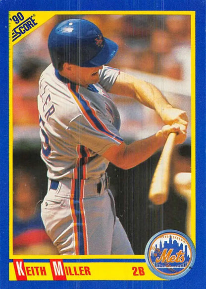 Baseball card of Keith Miller swinging in gray uniform for New York Mets