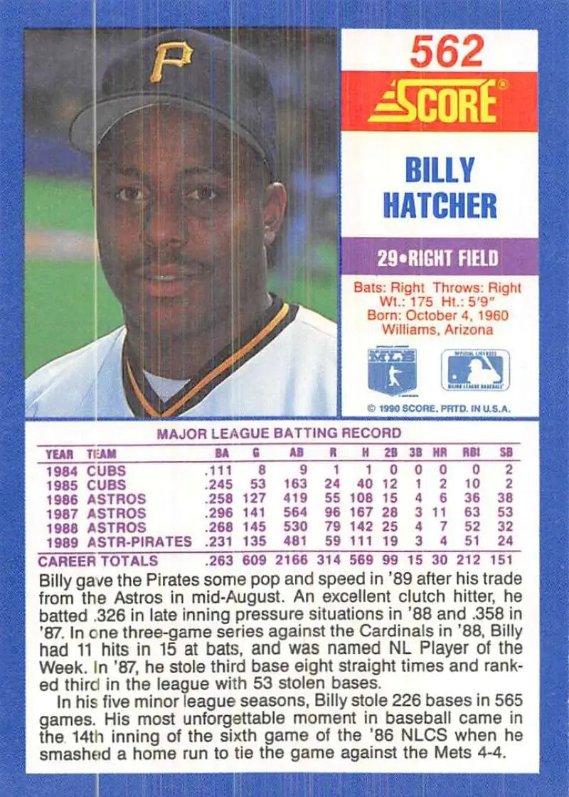 1991 Score #562 Billy Hatcher Pittsburgh Pirates Baseball Card in NM-MT condition