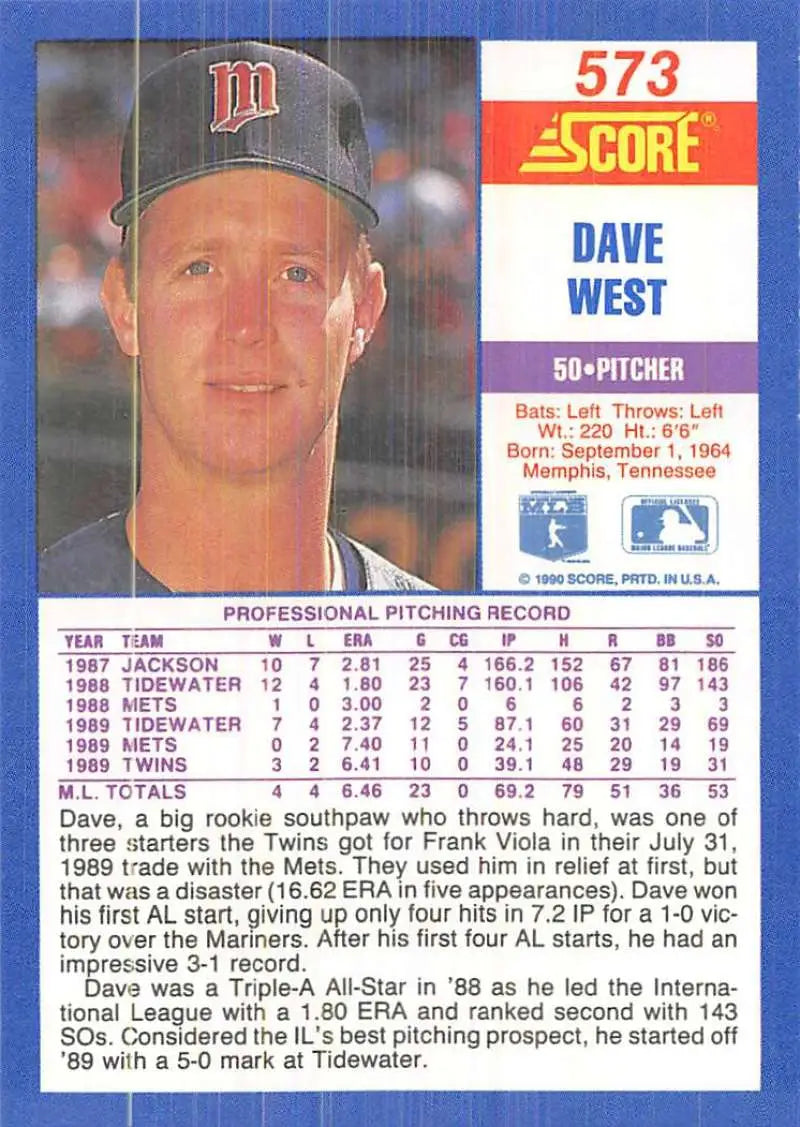 1991 Score baseball card of David West, Minnesota Twins pitcher, NM-MT condition