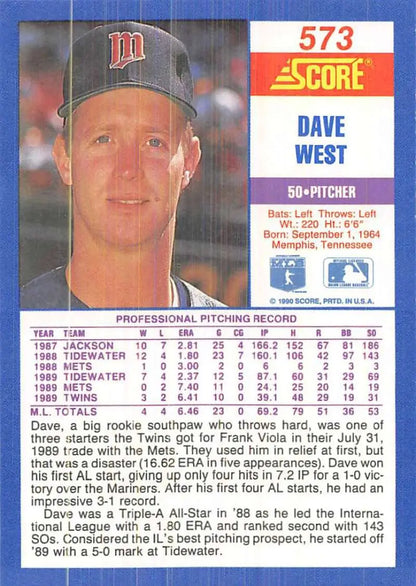 1991 Score baseball card of David West, Minnesota Twins pitcher, NM-MT condition