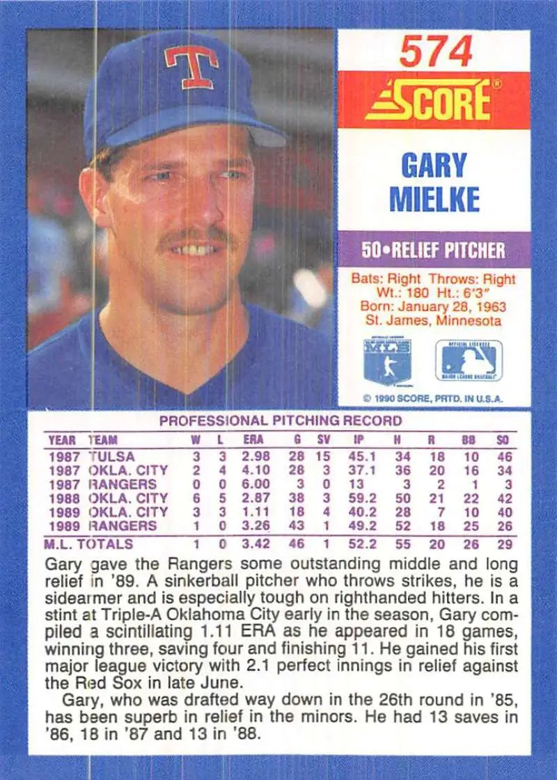 1990 Score Gary Mielke Rookie Baseball Card featuring Texas Rangers pitcher in blue cap