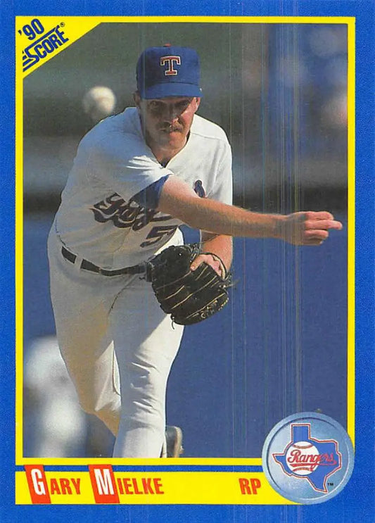 Gary Mielke Texas Rangers Baseball Card in mid-delivery action wearing a white uniform