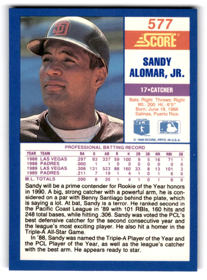 Sandy Alomar Jr. 1990 Score #577 baseball card with original gloss from Padres