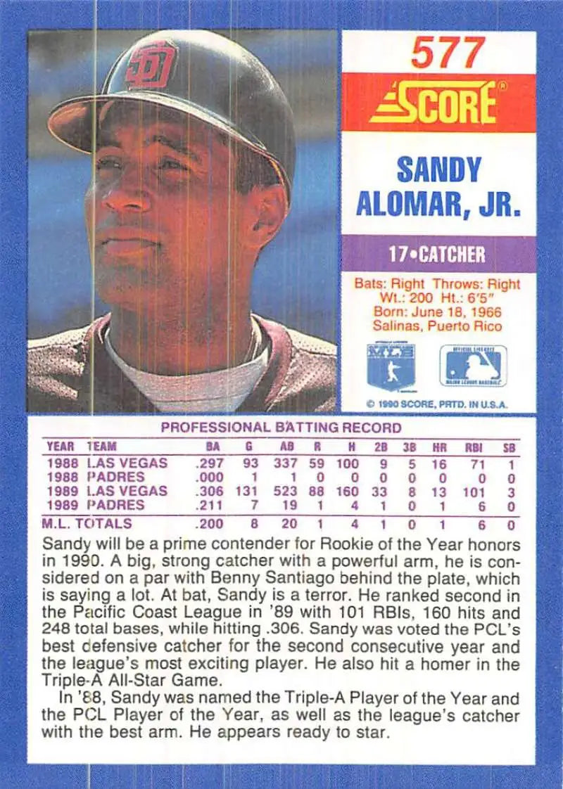 1991 Score baseball card #577 featuring Sandy Alomar Jr. of the San Diego Padres