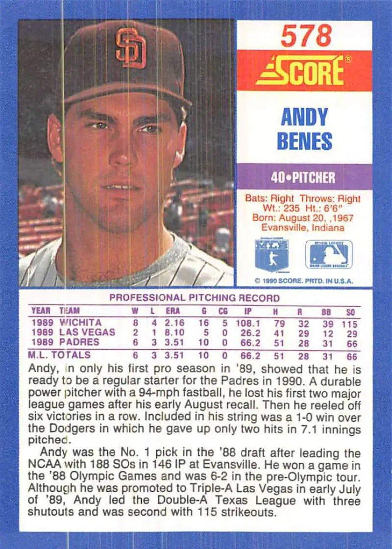 1989 Score baseball card of Andy Benes, San Diego Padres pitcher, UER NM-MT condition