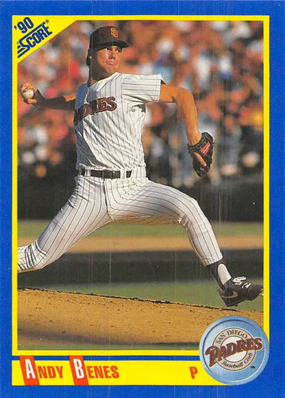 Baseball card of Andy Benes pitching for the San Diego Padres in a pinstriped uniform