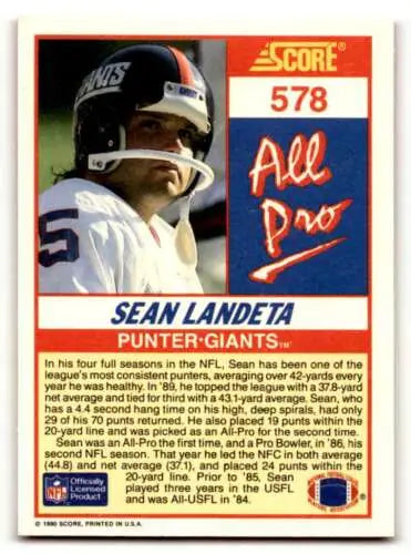 Sean Landeta 1990 Score #578 New York Giants Football Card original gloss quality