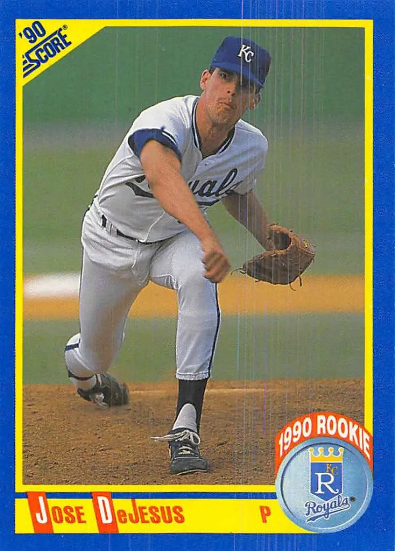 1990 Score Jose DeJesus Kansas City Royals baseball card with pitcher mid-delivery