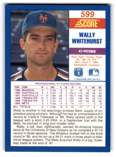 1990 Score #599 Wally Whitehurst NM-MT Mets card with original gloss, ID:70027