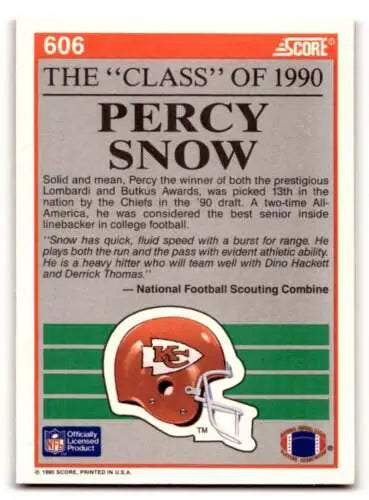 Original gloss 1990 Score Percy Snow Kansas City Chiefs Football Card EX/NM