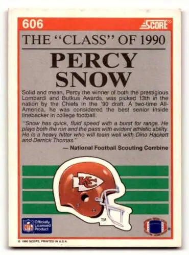 Football trading card featuring original gloss of Percy Snow Kansas City Chiefs