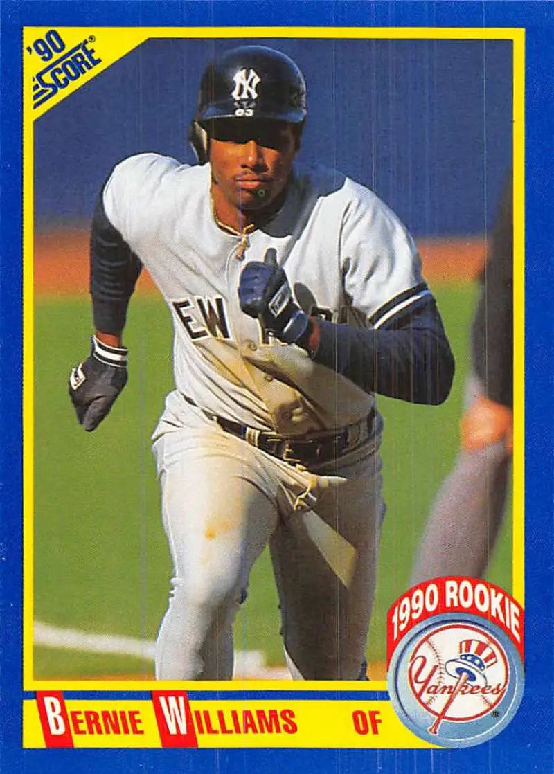 1990 Score Bernie Williams Rookie Card featuring New York Yankees outfielder in action