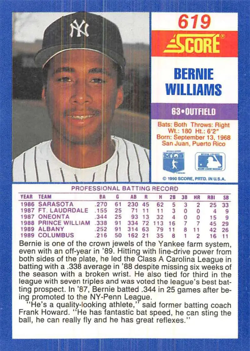 1991 Score Bernie Williams Rookie Card for New York Yankees in pinstripes