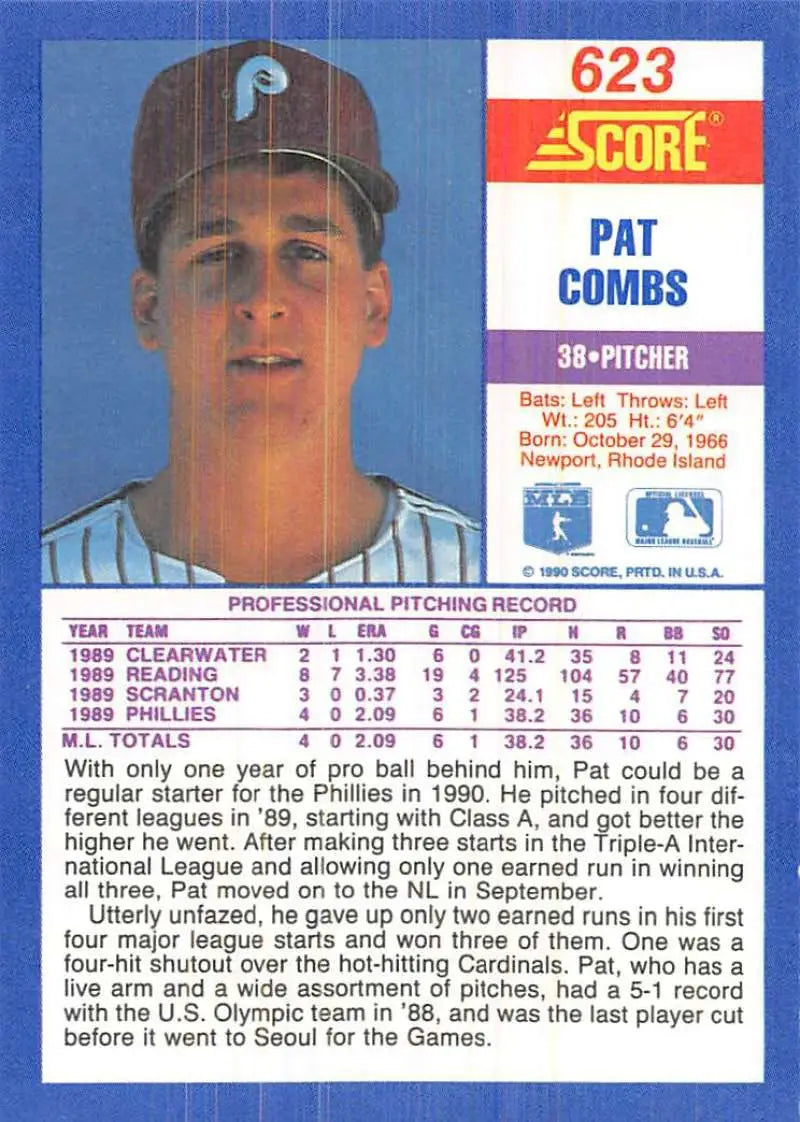 1991 Score baseball card of Pat Combs, Philadelphia Phillies pitcher in uniform