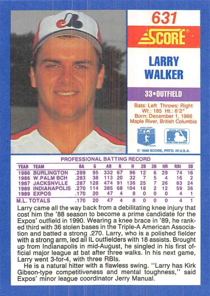 Score baseball card #631 featuring Larry Walker in a Montreal Expos cap