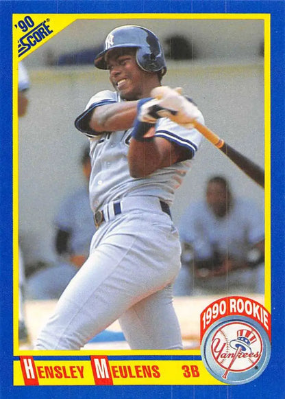 Baseball card of Hensley Meulens swinging for the York Yankees in a white uniform