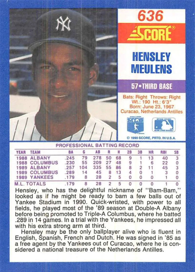 Baseball card showcasing Hensley Meulens in New York Yankees cap from Score