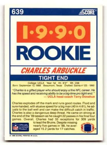 1990 Score #639 Charles Arbuckle rookie card original gloss Orleans Saints Football