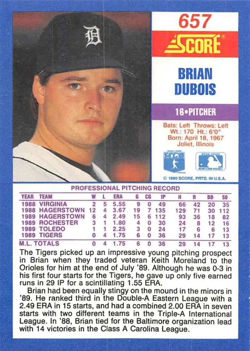 1991 Score Detroit Tigers Baseball Card of Brian DuBois in dark cap NM-MT RC