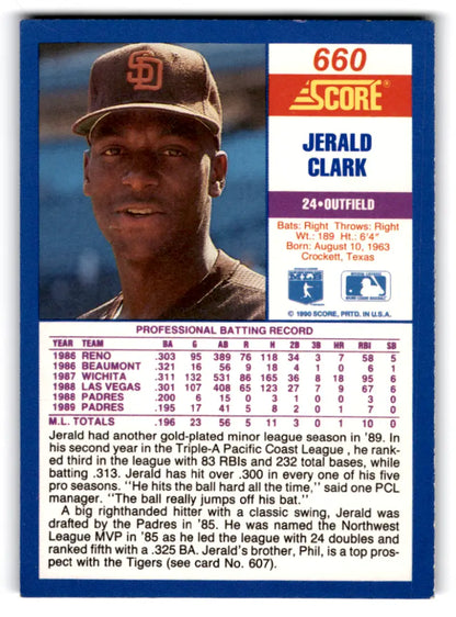 1990 Score #660 Jerald Clark baseball card with original gloss from Simply Sandoval