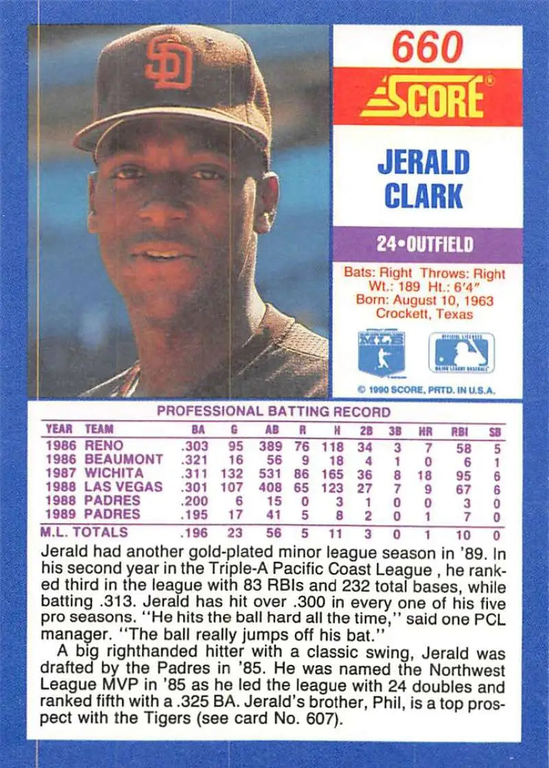 1990 Score Jerald Clark Baseball Card featuring San Diego Padres outfielder