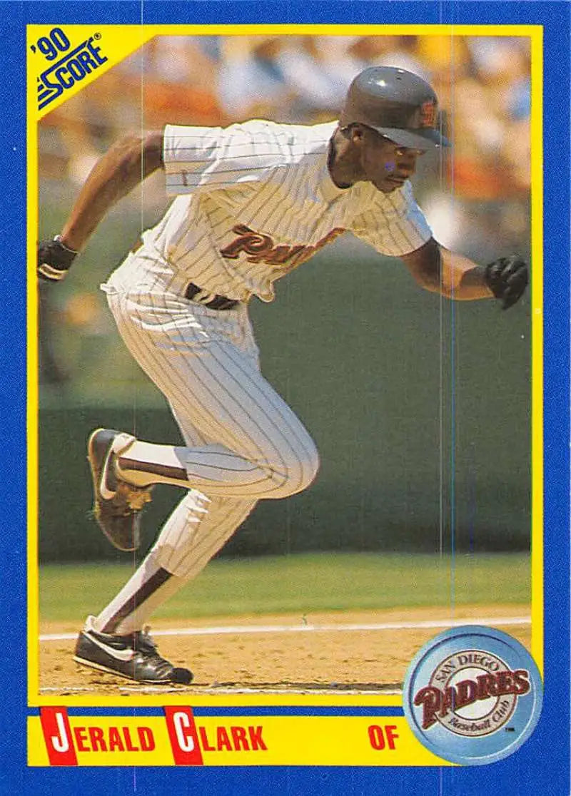 1990 Score Jerald Clark baseball card of San Diego Padres outfielder in action