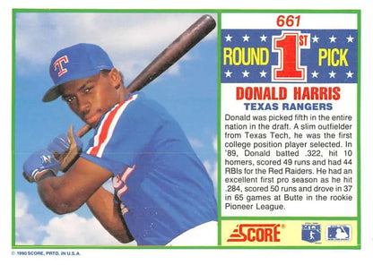 Baseball card of Donald Harris in Texas Rangers blue uniform holding a bat