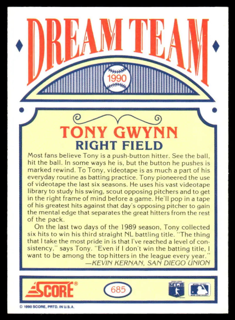 Baseball card of Tony Gwynn with Dream Team designation, San Diego Padres collectible