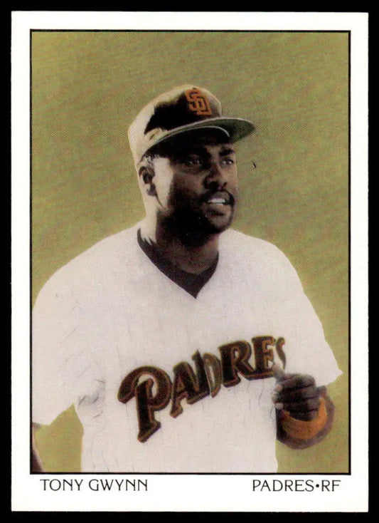 Tony Gwynn in white San Diego Padres uniform with dark cap on baseball card