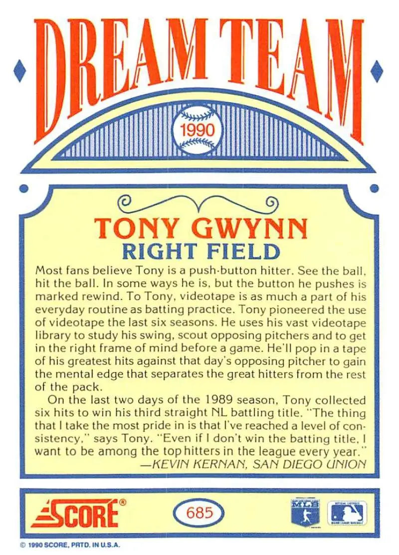 1990 Score Tony Gwynn baseball card from the San Diego Padres Dream Team set