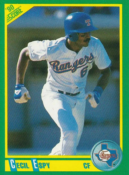 Cecil Espy running the bases on a Texas Rangers baseball card from 1990 Score