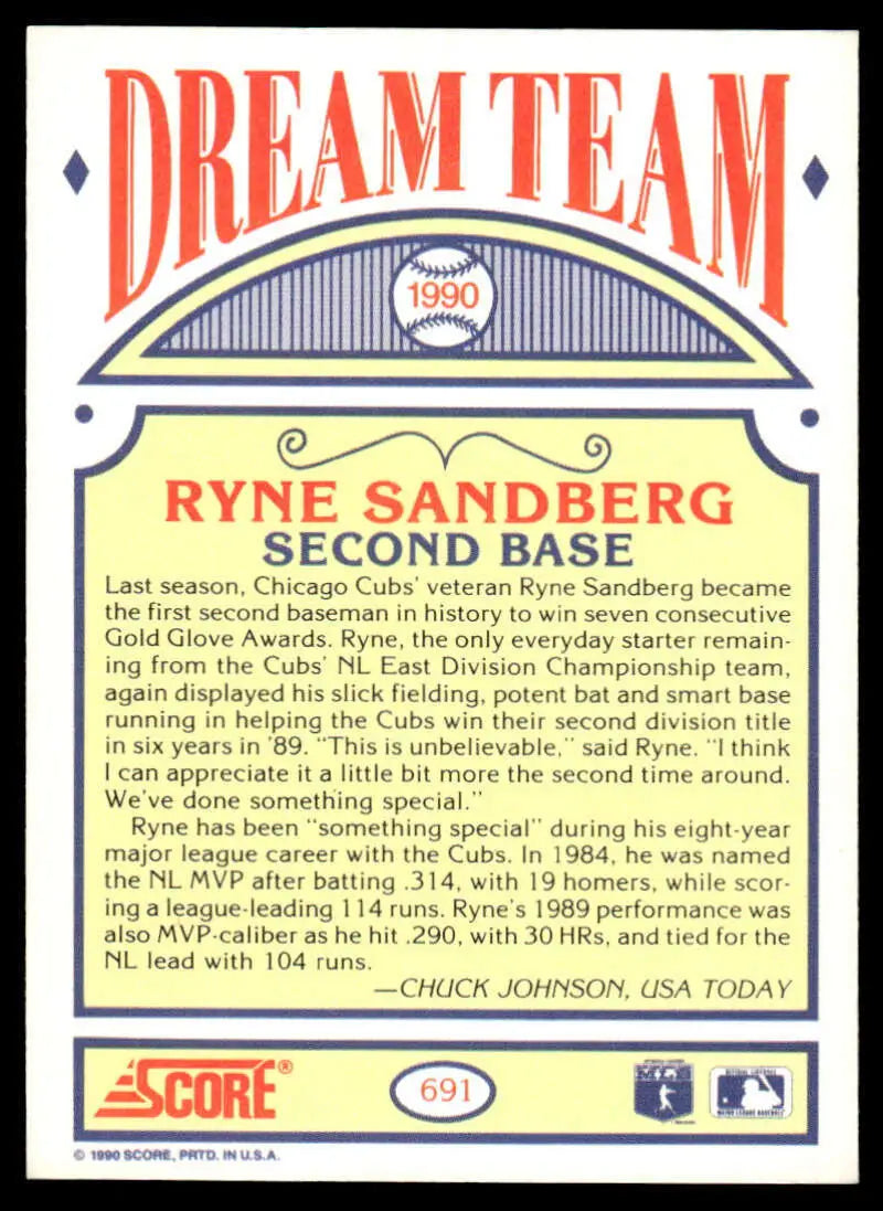 Ryne Sandberg Chicago Cubs baseball card from the Dream Team collection