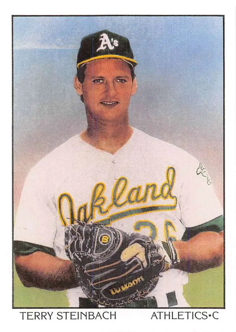 Baseball player in Oakland Athletics uniform and cap with glove, 693b Terry Steinbach