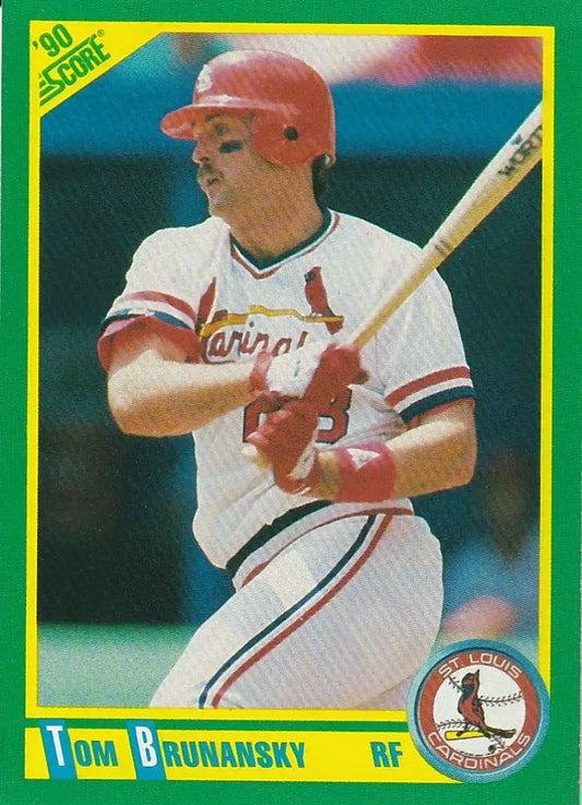 1990 Score Tom Brunansky card of St. Louis Cardinals player at bat in white uniform