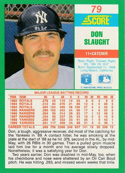 1979 Score baseball card of Don Slaught, New York Yankees catcher with mustache