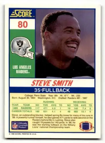 1990 Score #80 Steve Smith Los Angeles Raiders Football Card with original gloss