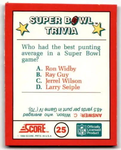 1990 Score Magic Motion Super Bowl Trivia card featuring Super Bowl trivia facts