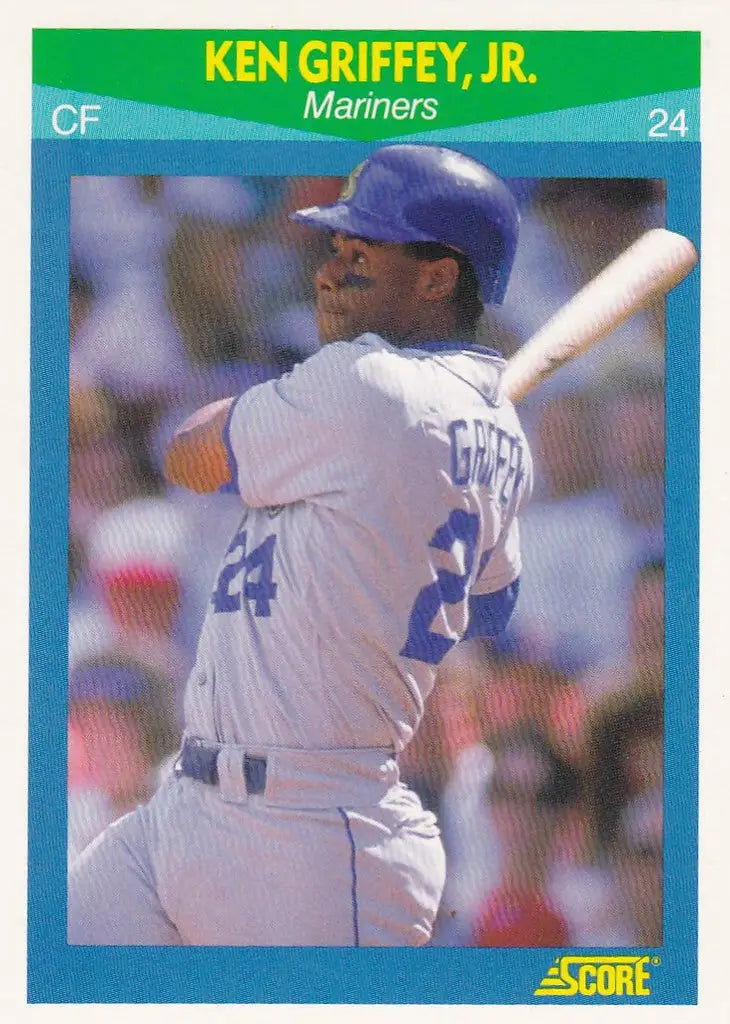 Baseball card of Ken Griffey Jr in batting stance for 1990 Score Rising Stars Seattle Mariners