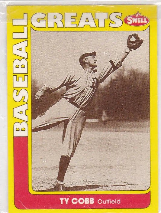 Baseball card featuring Ty Cobb in a vintage black-and-white catching pose