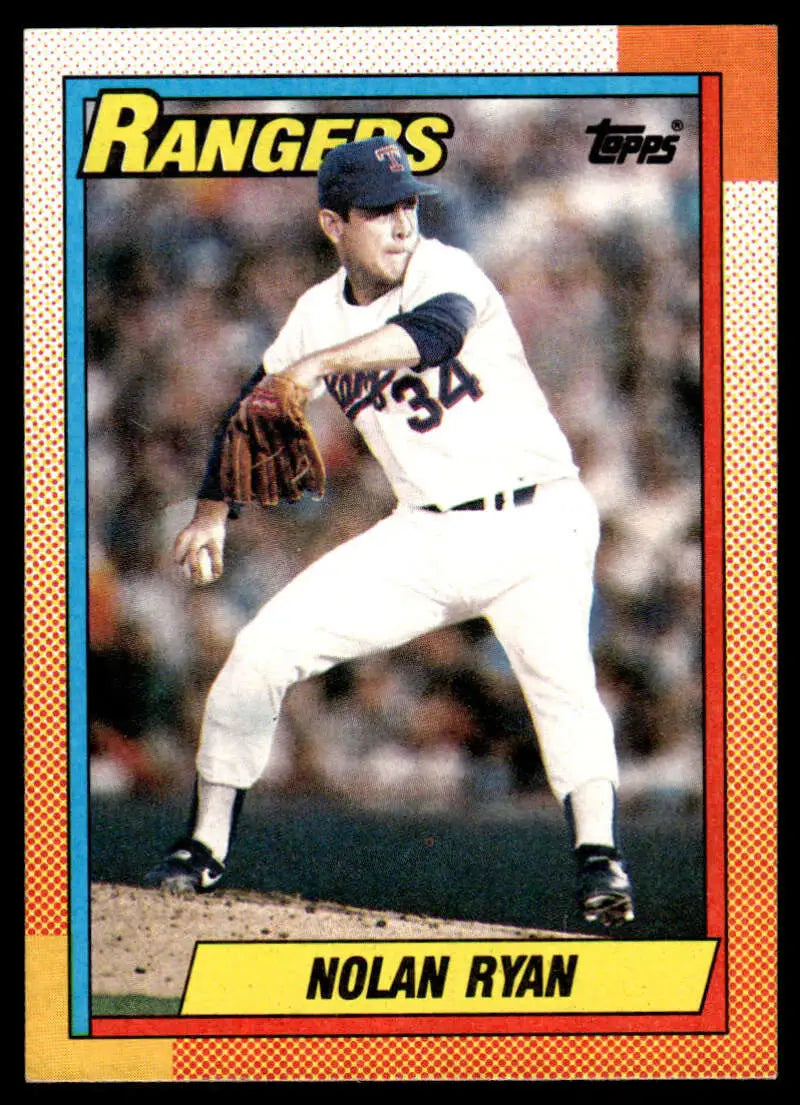 1990 Topps Nolan Ryan baseball card featuring Texas Rangers pitcher mid-delivery