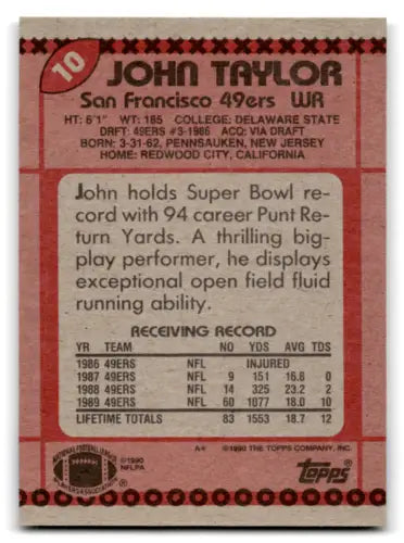 John Taylor football card original gloss 1990 Topps NM mint 49ers ID:67368