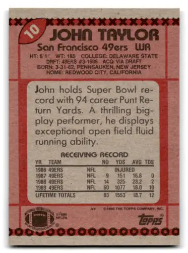 1990 Topps #10 John Taylor football card in original gloss, mint 49ers condition