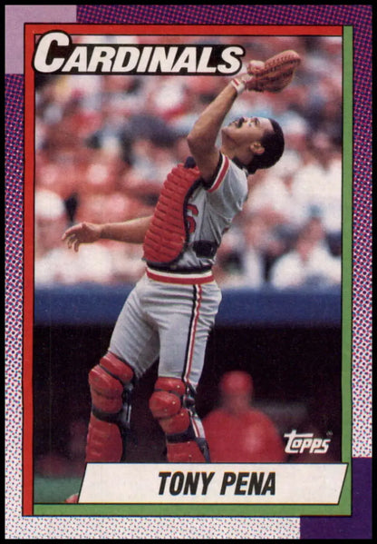 Baseball card of Tony Pena catching a pop-up for the Louis Cardinals